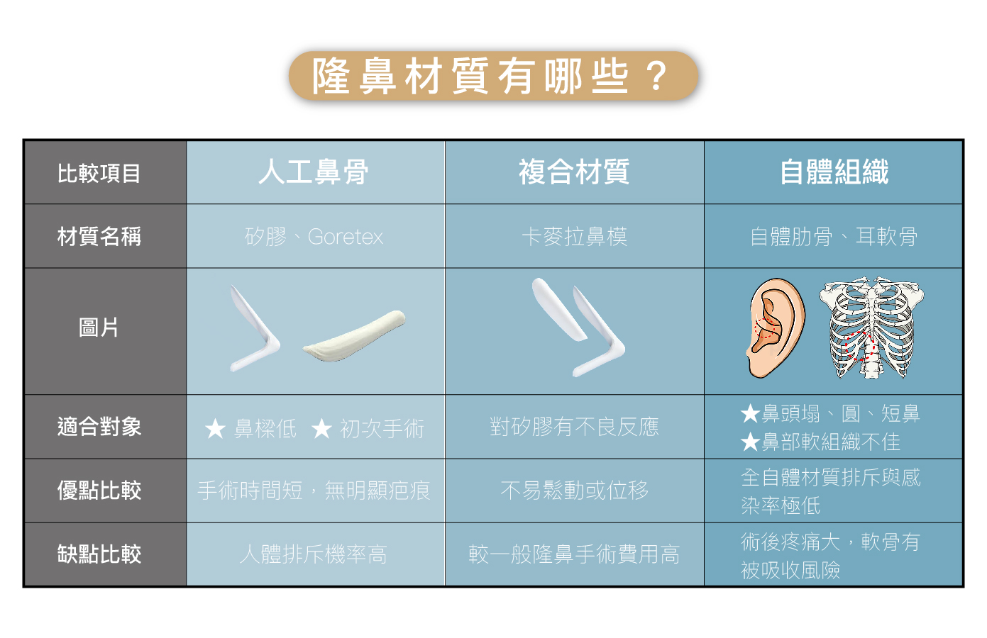 隆鼻材質比較圖